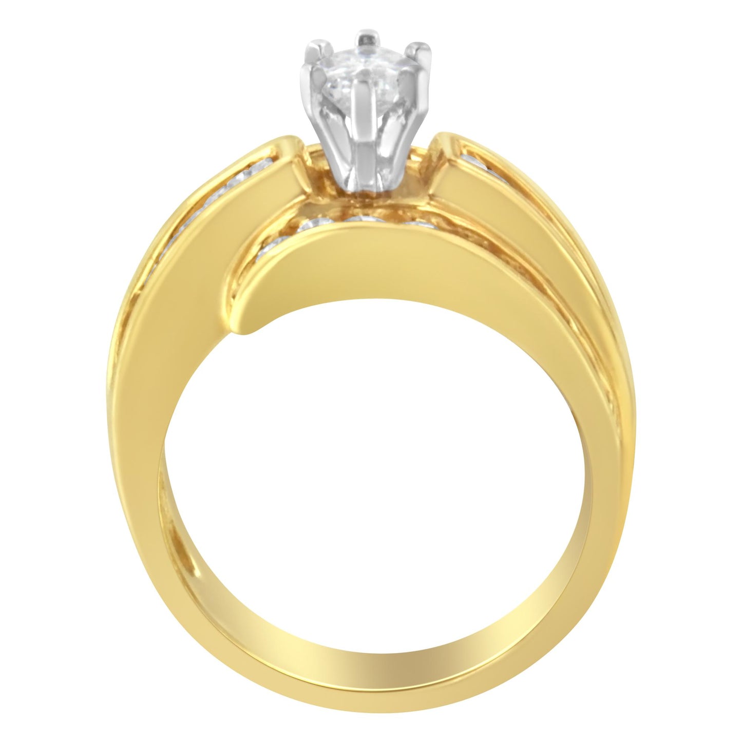 Front view of a yellow and white metal ring featuring a prong-set pie-shaped white gemstone at the center and channel-set baguette and round white gemstones along the band.