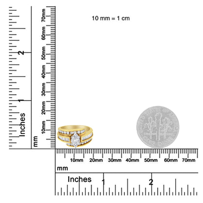 Ring with yellow and white metal tones, featuring a center prong-set pie-shaped white gemstone, surrounded by channel-set baguette-shaped and round white gemstones, shown at an angled top front view on a ruler for size reference.