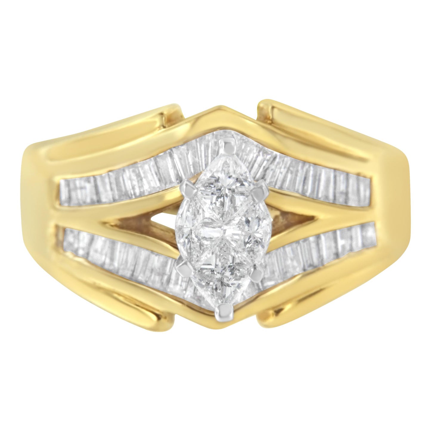 Front-facing view of a yellow and white metal ring featuring a center pear-shaped white gemstone in prong setting, surrounded by a split band with baguette-shaped white gemstones in channel setting.