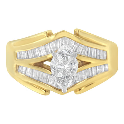 Front-facing view of a yellow and white metal ring featuring a center pear-shaped white gemstone in prong setting, surrounded by a split band with baguette-shaped white gemstones in channel setting.
