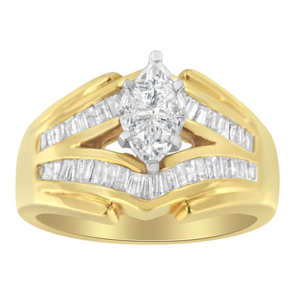 Front view of a yellow and white metal ring featuring a central pie-shaped white gemstone in a prong setting, flanked by rows of baguette-shaped white gemstones in channel settings.