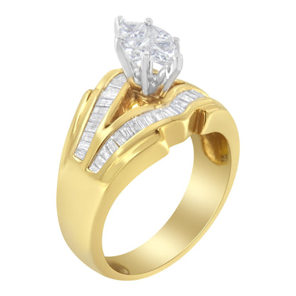 Yellow and white metal ring shown at a slight angle with a prong-set cluster of pie-shaped white gemstones at the center and two rows of channel-set baguette-shaped white gemstones along the band.