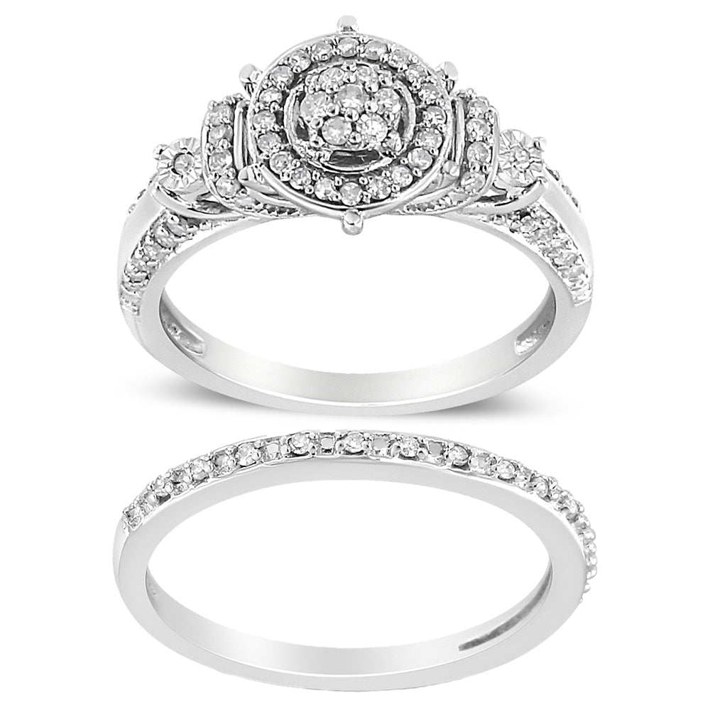 Top view of two white metal rings, one with a cluster of round white gemstones in miracle and shared prong settings, the other with round white gemstones in shared prong setting along the band.