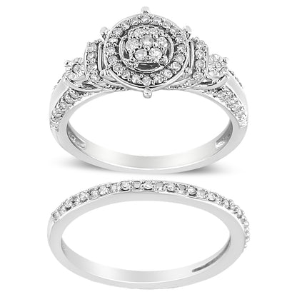 Top view of two white metal rings, one with a cluster of round white gemstones in miracle and shared prong settings, the other with round white gemstones in shared prong setting along the band.