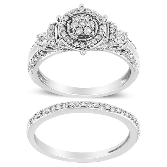 Top view of two white metal rings, one with a cluster of round white gemstones in miracle and shared prong settings, the other with round white gemstones in shared prong setting along the band.