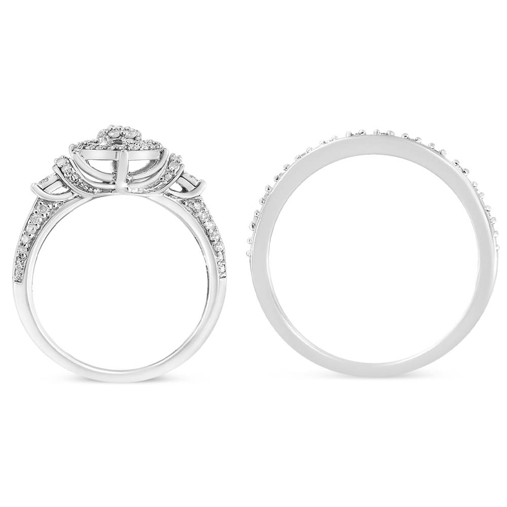 White metal ring shown from front and top angles with multiple small white gemstones in shared prong setting and two round white gemstones in miracle setting on top.