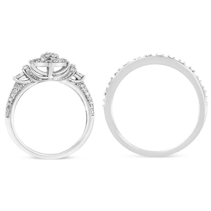 White metal ring shown from front and top angles with multiple small white gemstones in shared prong setting and two round white gemstones in miracle setting on top.
