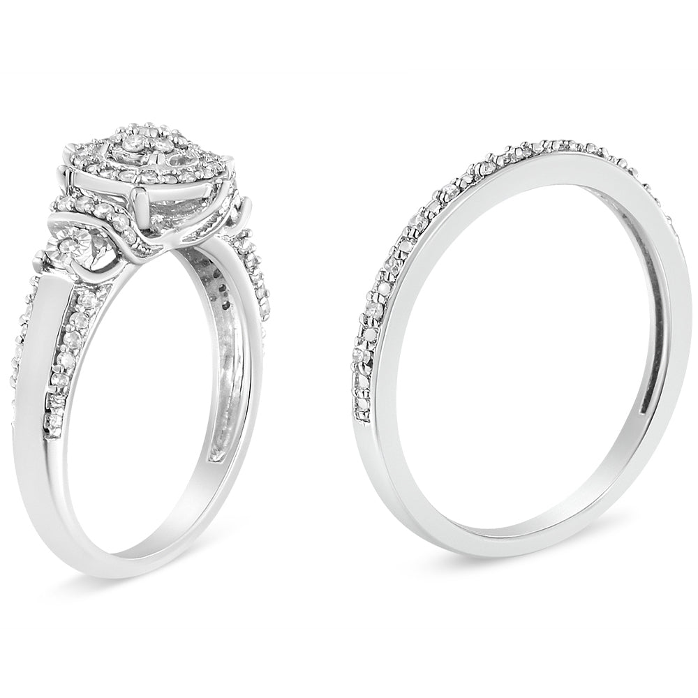 Two white metal rings shown from a side angle; one ring features a raised setting with two round white gemstones and multiple smaller round white gemstones in shared prong settings along the band, the other ring is a slimmer band with round white gemstones in a shared prong setting along the top half.