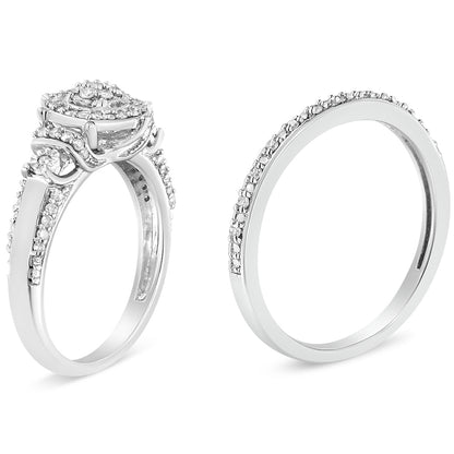 Two white metal rings shown from a side angle; one ring features a raised setting with two round white gemstones and multiple smaller round white gemstones in shared prong settings along the band, the other ring is a slimmer band with round white gemstones in a shared prong setting along the top half.