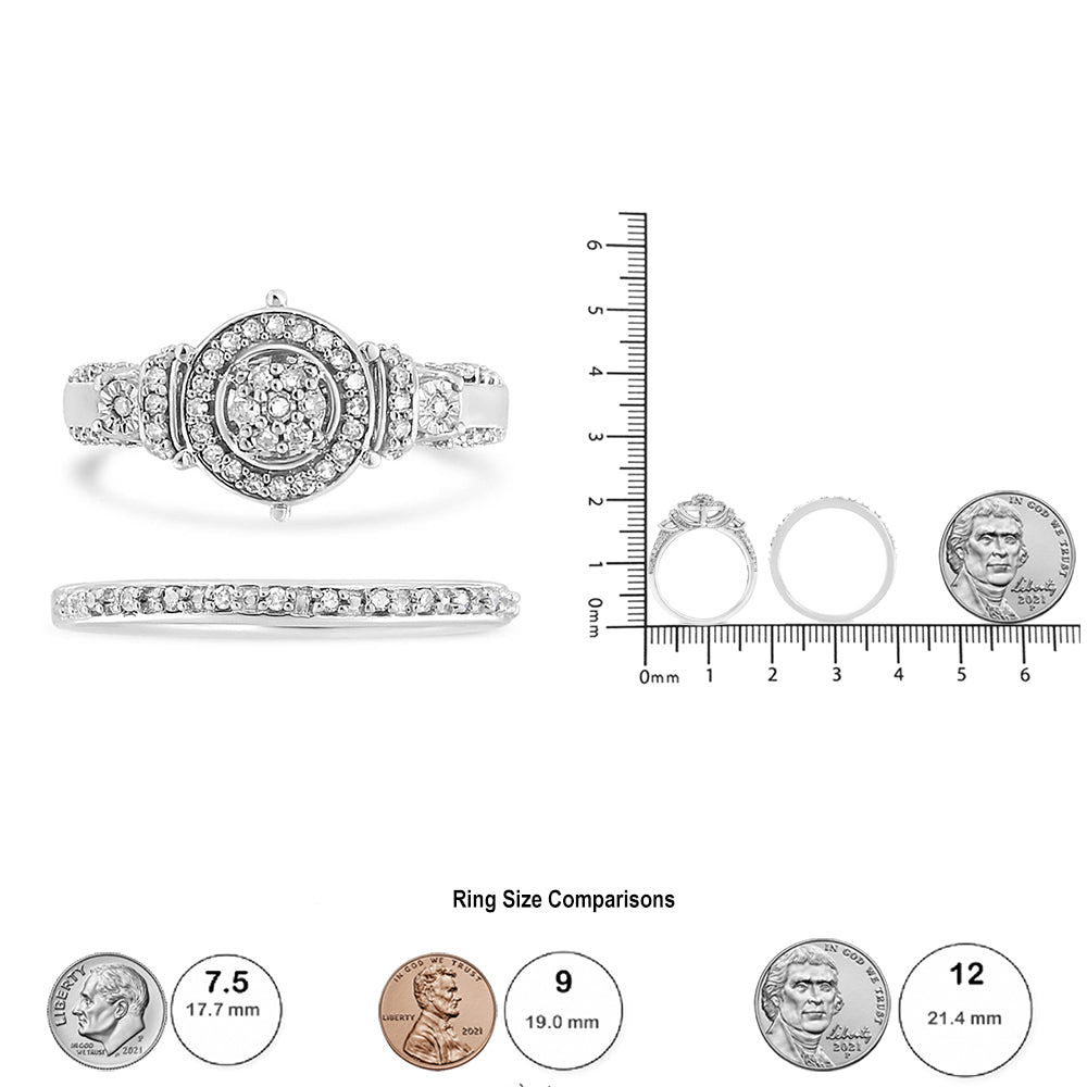 Front and side views of two white rings with round white gemstones, shown beside a ruler and coins for size reference.
