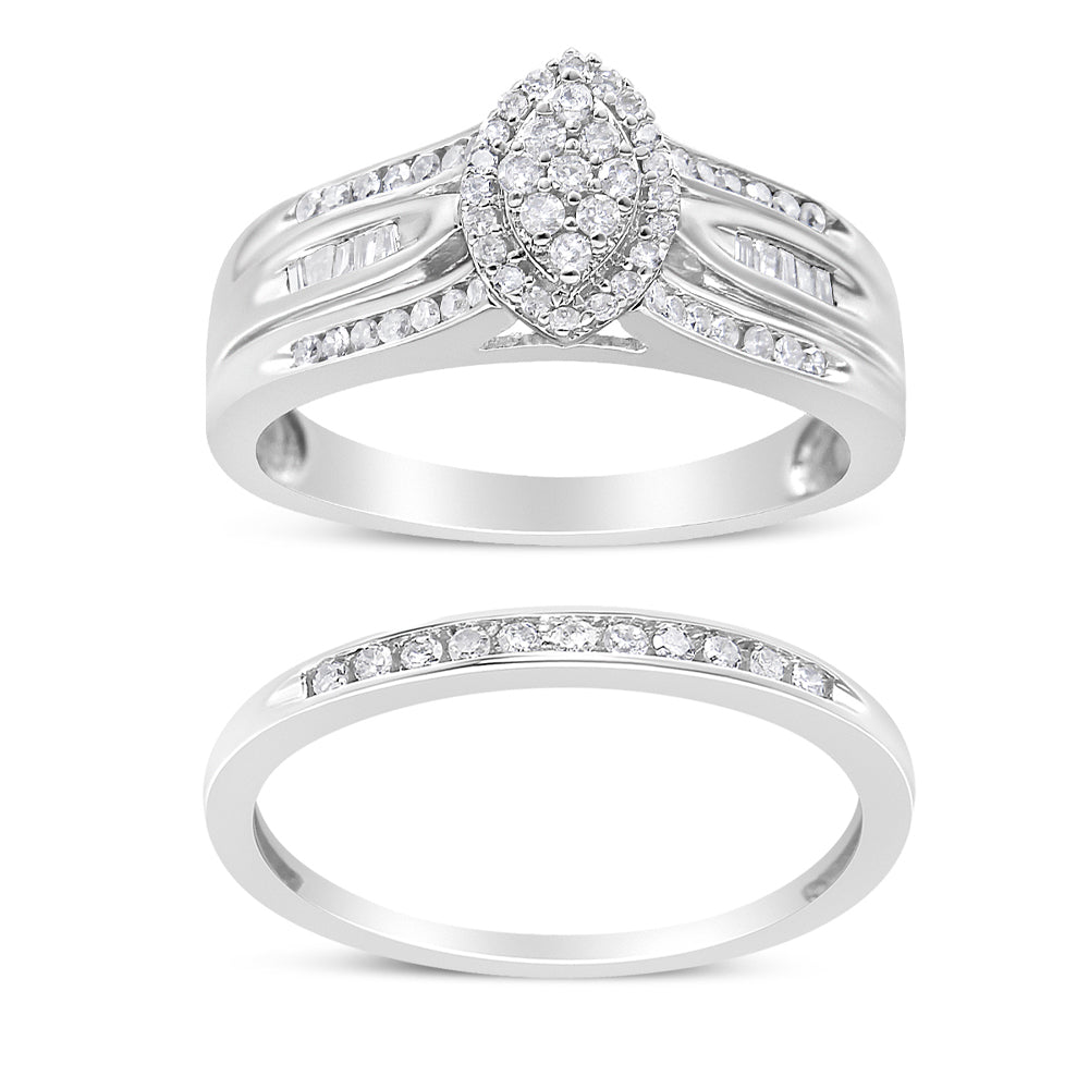 Two white metal rings shown from the front angle on a white background; the top ring features a cluster of round white gemstones with smaller round and baguette white gemstones set along the band, while the bottom ring is a simple band with a row of round white gemstones.