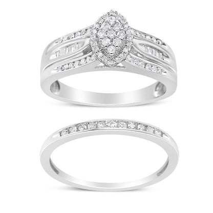 Two white metal rings shown from the front angle on a white background; the top ring features a cluster of round white gemstones with smaller round and baguette white gemstones set along the band, while the bottom ring is a simple band with a row of round white gemstones.