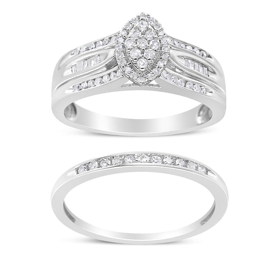 Two white metal rings shown from the front angle on a white background; the top ring features a cluster of round white gemstones with smaller round and baguette white gemstones set along the band, while the bottom ring is a simple band with a row of round white gemstones.