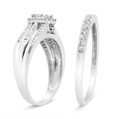 Front angled view of two white metal rings, one with round prong-set white gemstones and baguette channel-set white gemstones along the band, the other with a row of round prong-set white gemstones, both on a white background.