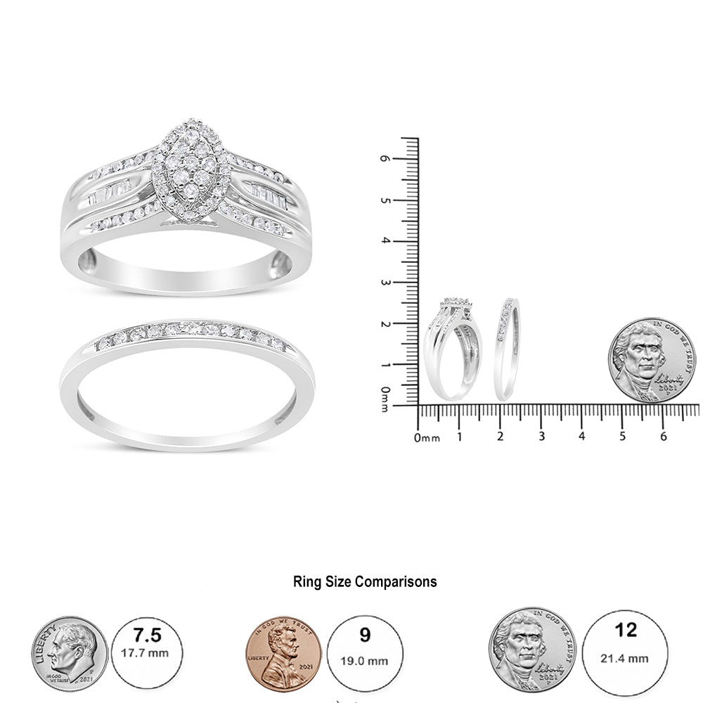 Top and side angle shot of two white metal rings; one ring features a central marquise-shaped cluster of round white gemstones with baguette-shaped white gemstones channel set along the band, the other is a simple band with small round white gemstones inset, both shown next to a ruler and coin for size reference.
