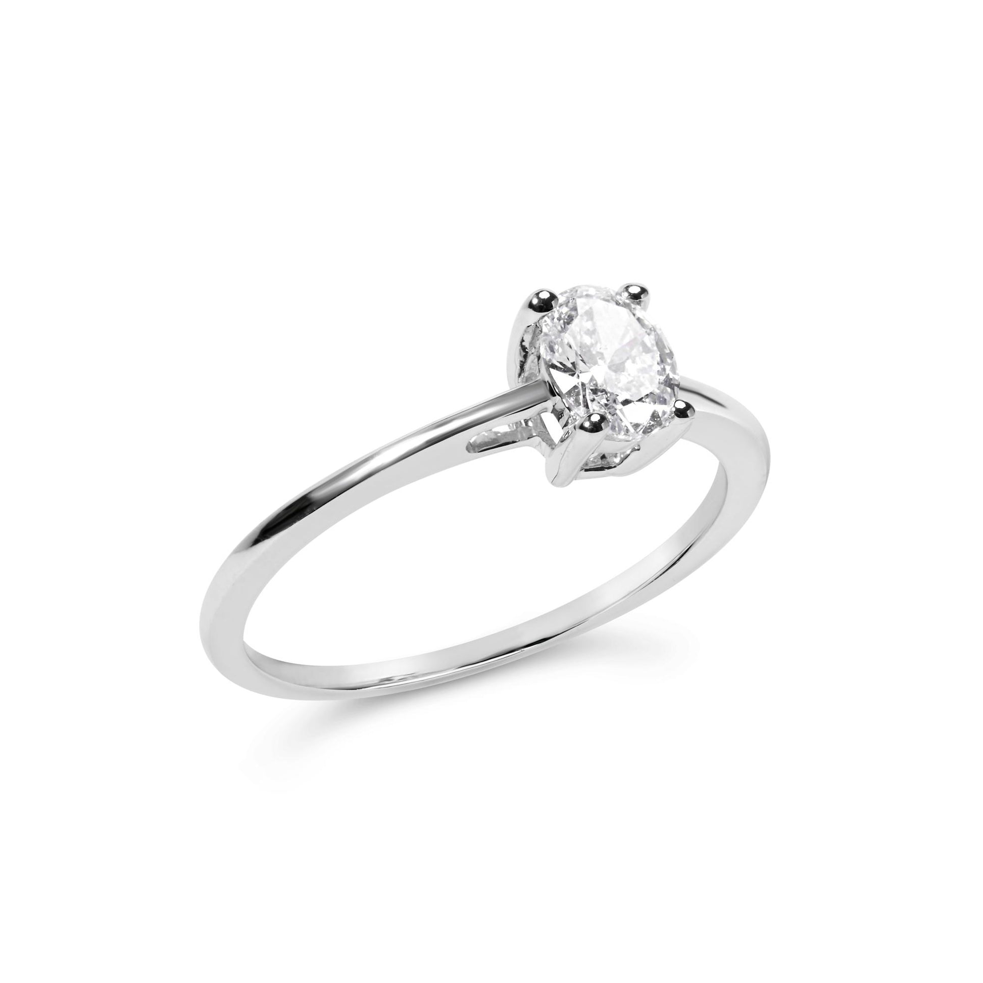 White metal ring with an oval-shaped white gemstone in a four-prong setting, shown at a slight angle.