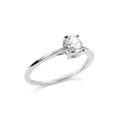 White metal ring with an oval-shaped white gemstone in a four-prong setting, shown at a slight angle.
