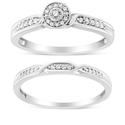 Two white metal rings with round white gemstones in prong settings, one ring with a circular cluster center, shown from a front angled view.