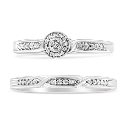 Two white metal rings shown from a front and side angle, each featuring multiple round white gemstones in prong settings with a circular cluster design on the top ring and a twisted band design on the bottom ring.