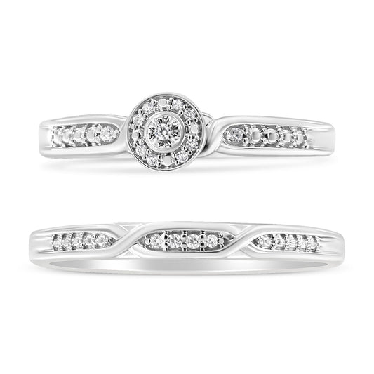 Two white metal rings shown from a front and side angle, each featuring multiple round white gemstones in prong settings with a circular cluster design on the top ring and a twisted band design on the bottom ring.