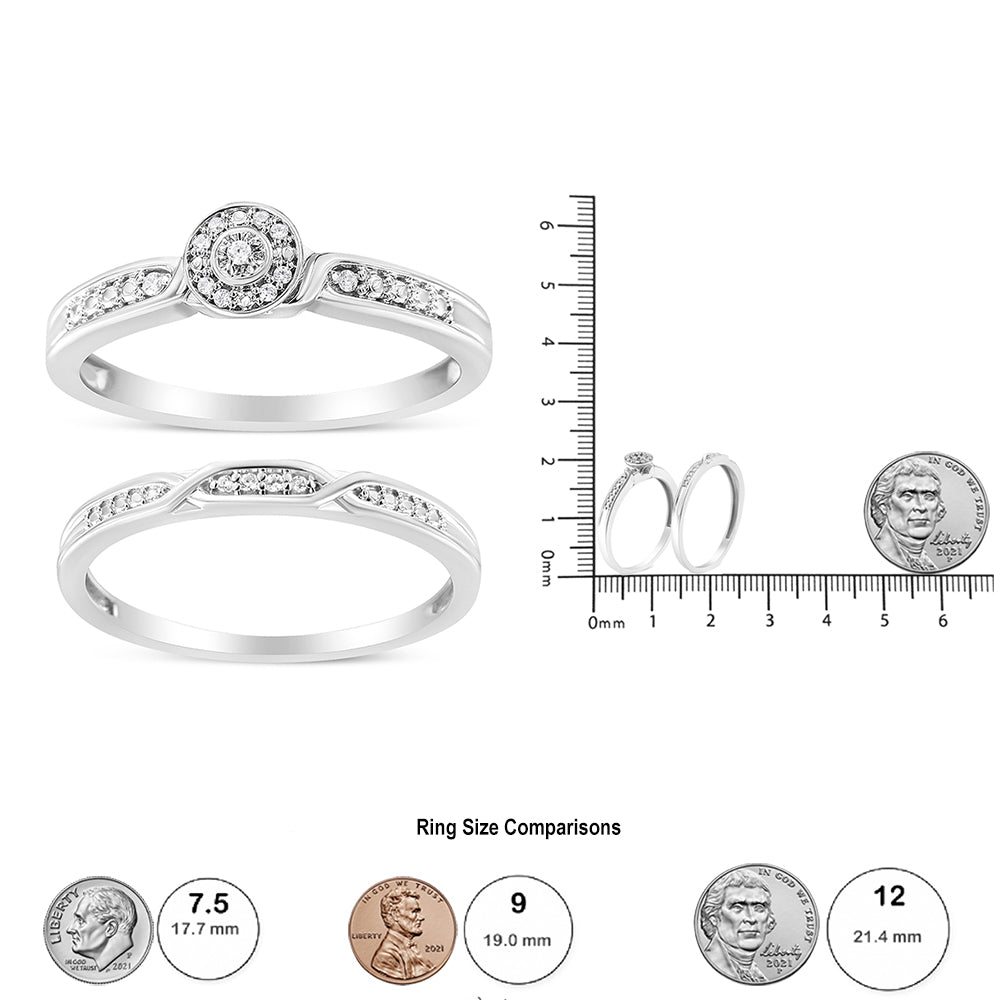 Two white metal rings with round white gemstones in prong settings, shown from the top and side angles, and displayed upright next to a ruler and coins for size reference.