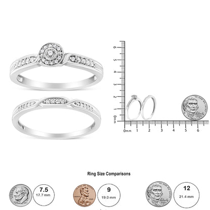 Two white metal rings with round white gemstones in prong settings, shown from the top and side angles, and displayed upright next to a ruler and coins for size reference.