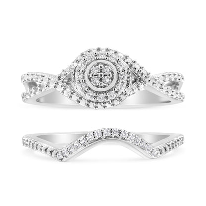 Front angle view of two white metal rings, one featuring a round cluster of white gemstones in the center with an infinity-style band also accented with white gemstones, the other ring has a wave-shaped band with white gemstones along the top.