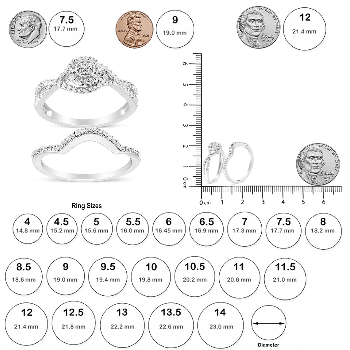 Top-down view of two white rings with round white gemstones in prong settings, one featuring a cluster center and gemstone-encrusted band, the other with a curved gemstone-encrusted band, displayed next to a ruler and coins for size reference.
