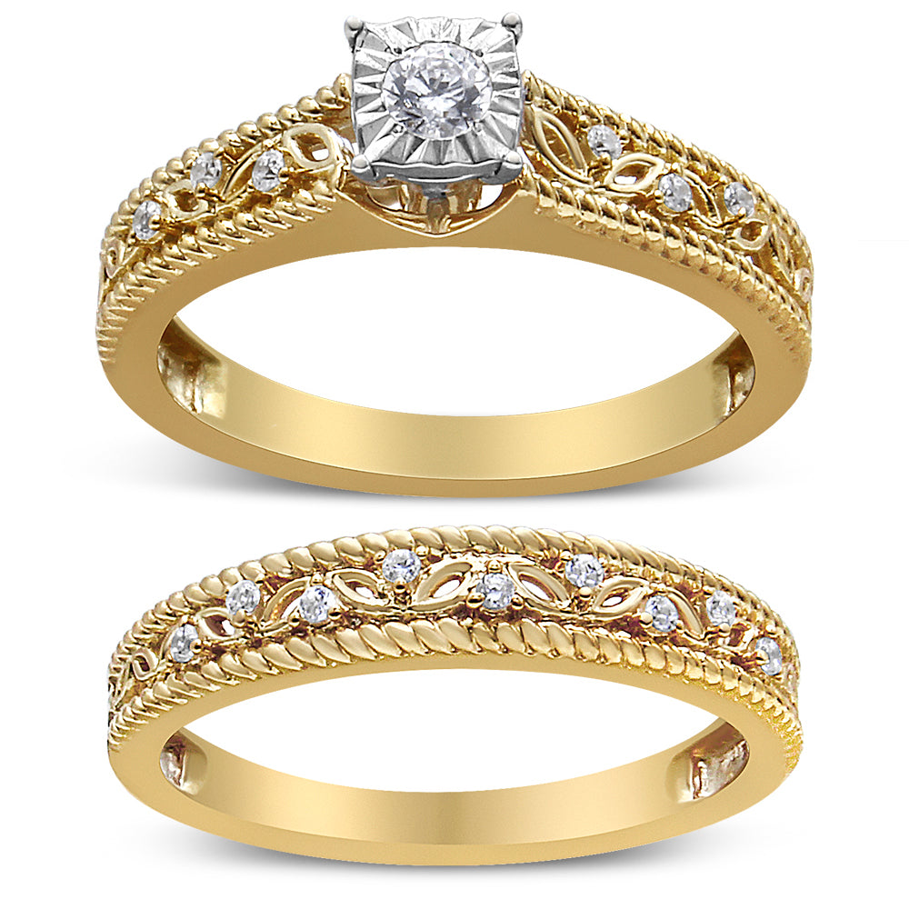 Two yellow rings shown from a slightly tilted side angle; one ring features a central white gemstone in a prong setting with additional white gemstones embedded along a decorative leaf-patterned band, the other ring has white gemstones set along the same leaf-patterned yellow band.