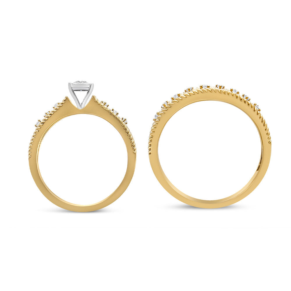 Two views of a yellow ring with round white gemstones in prong settings, shown from the side and front angles on a white background.