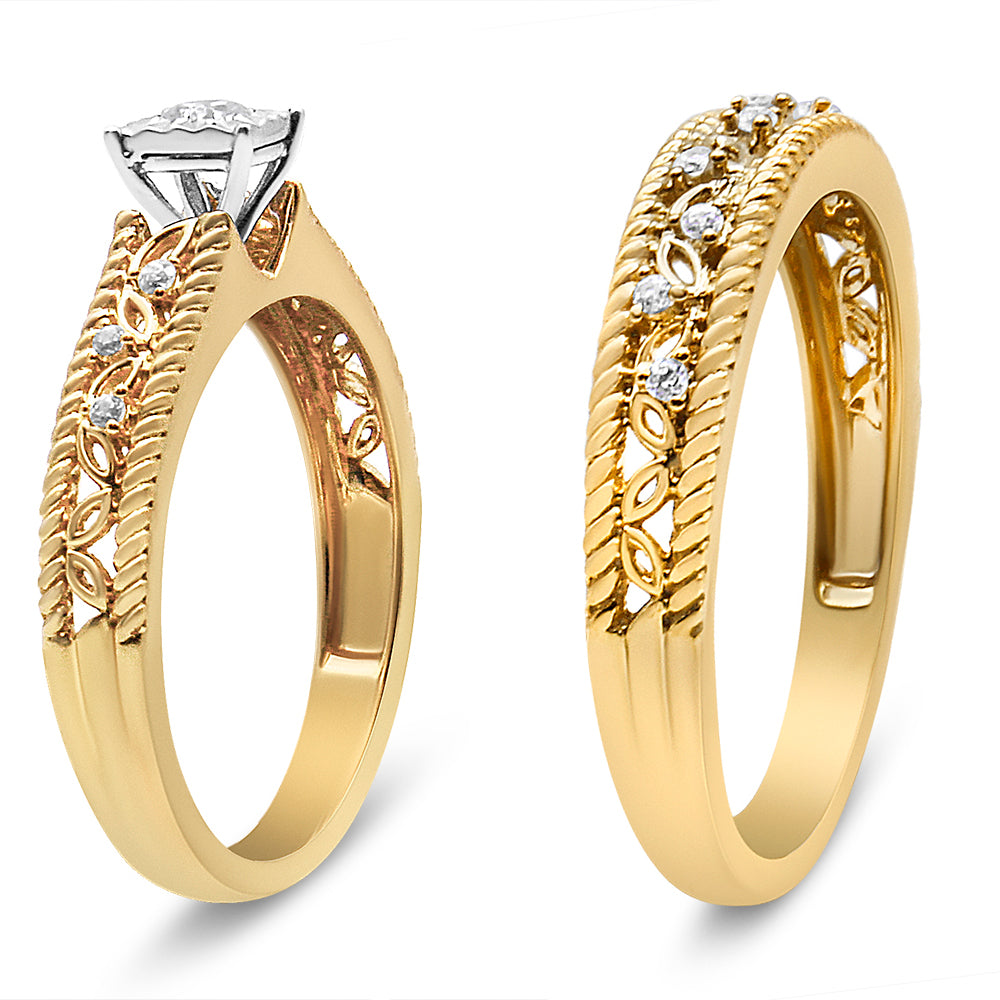 Two yellow metal rings shown at an angle, each with prong-set white round gemstones and intricate leaf-like detailing along the band.