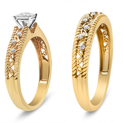 Two yellow metal rings shown at an angle, each with prong-set white round gemstones and intricate leaf-like detailing along the band.