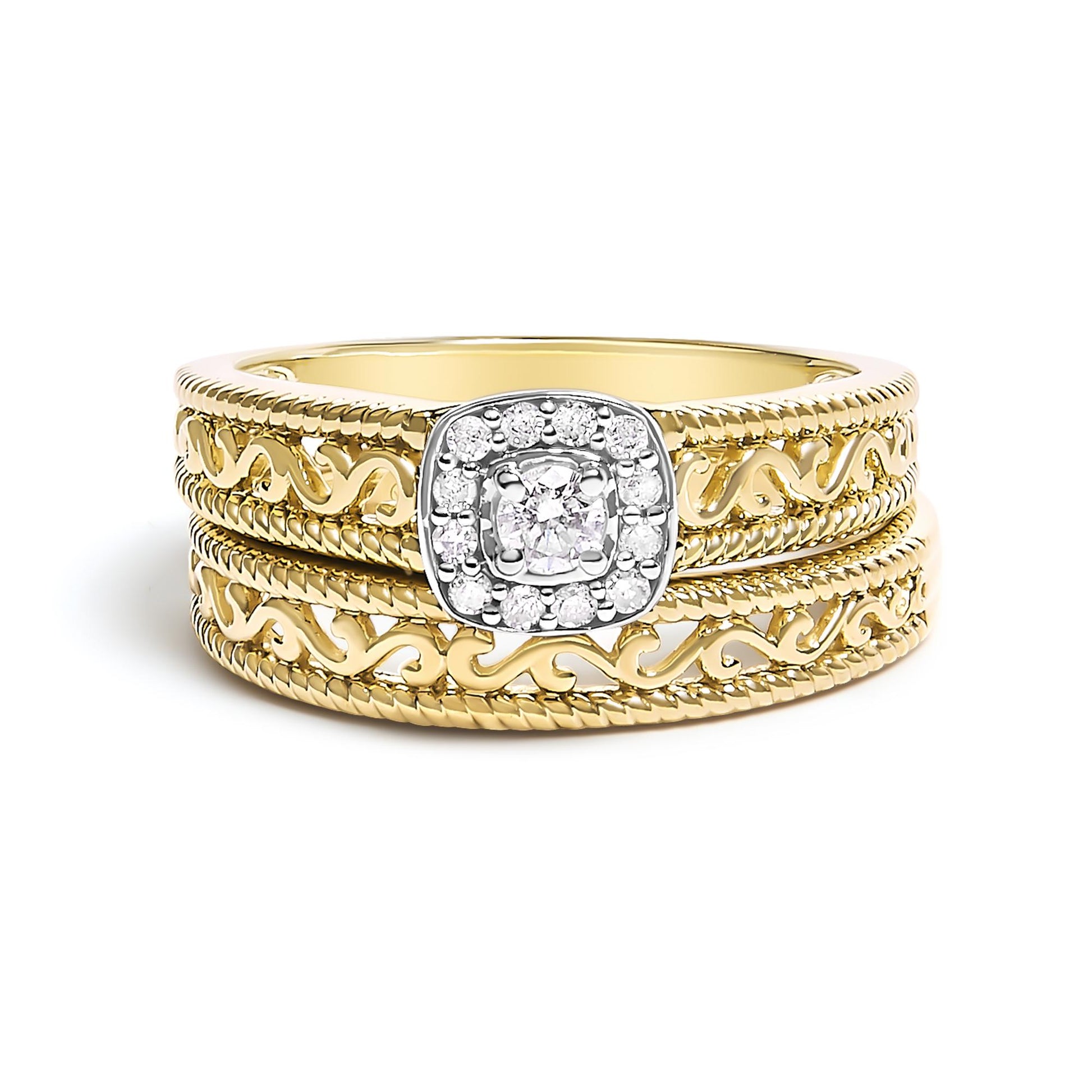 Front view of a yellow ring with intricate swirled detailing on the band, featuring a center white gemstone in a four-prong setting surrounded by smaller white gemstones in prong settings.