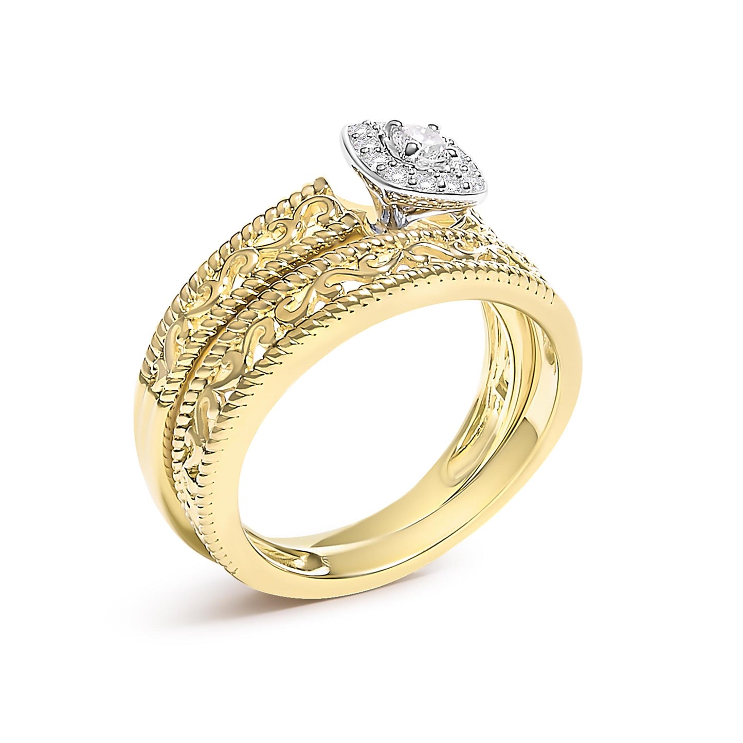 Yellow metal ring with ornate engraving and rope-like edges, featuring a cluster of white round gemstones in prong settings on top, shown at an angled side view.