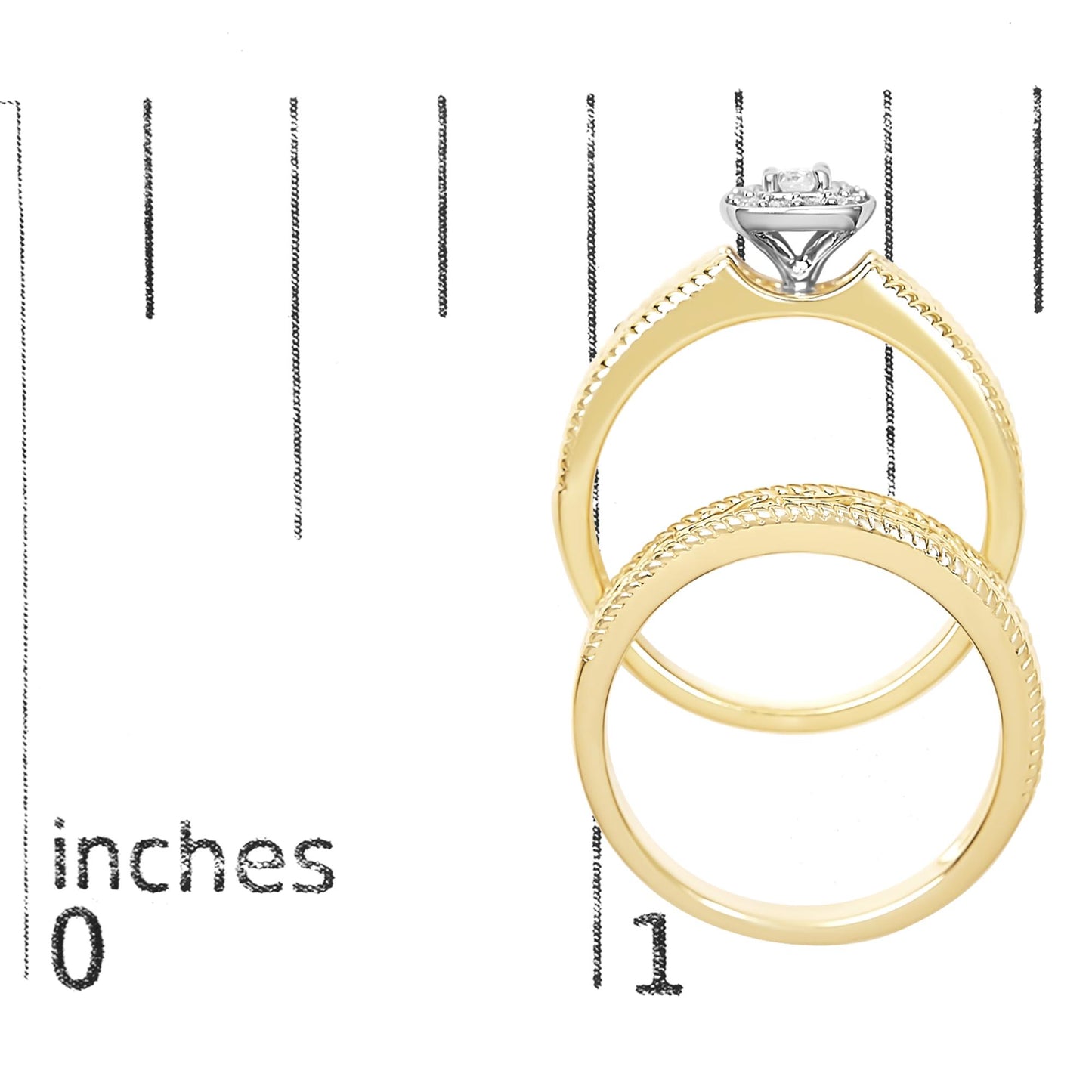 Yellow metal two-ring set with one ring featuring a raised cluster of white gemstones, shown on a ruler for size reference from a top angle.