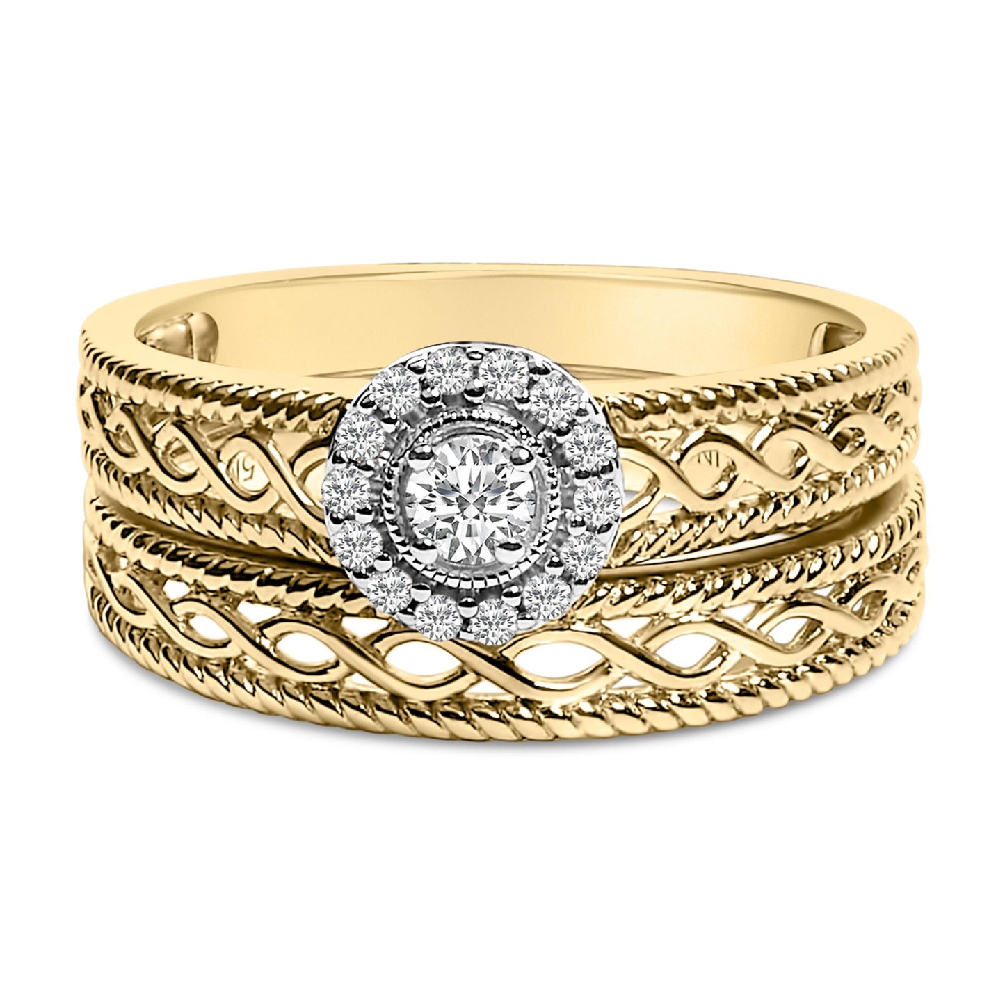 Yellow metal ring with intricate twisted and woven design, featuring a round white gemstone centerpiece surrounded by smaller round white gemstones, shown from a front angle.