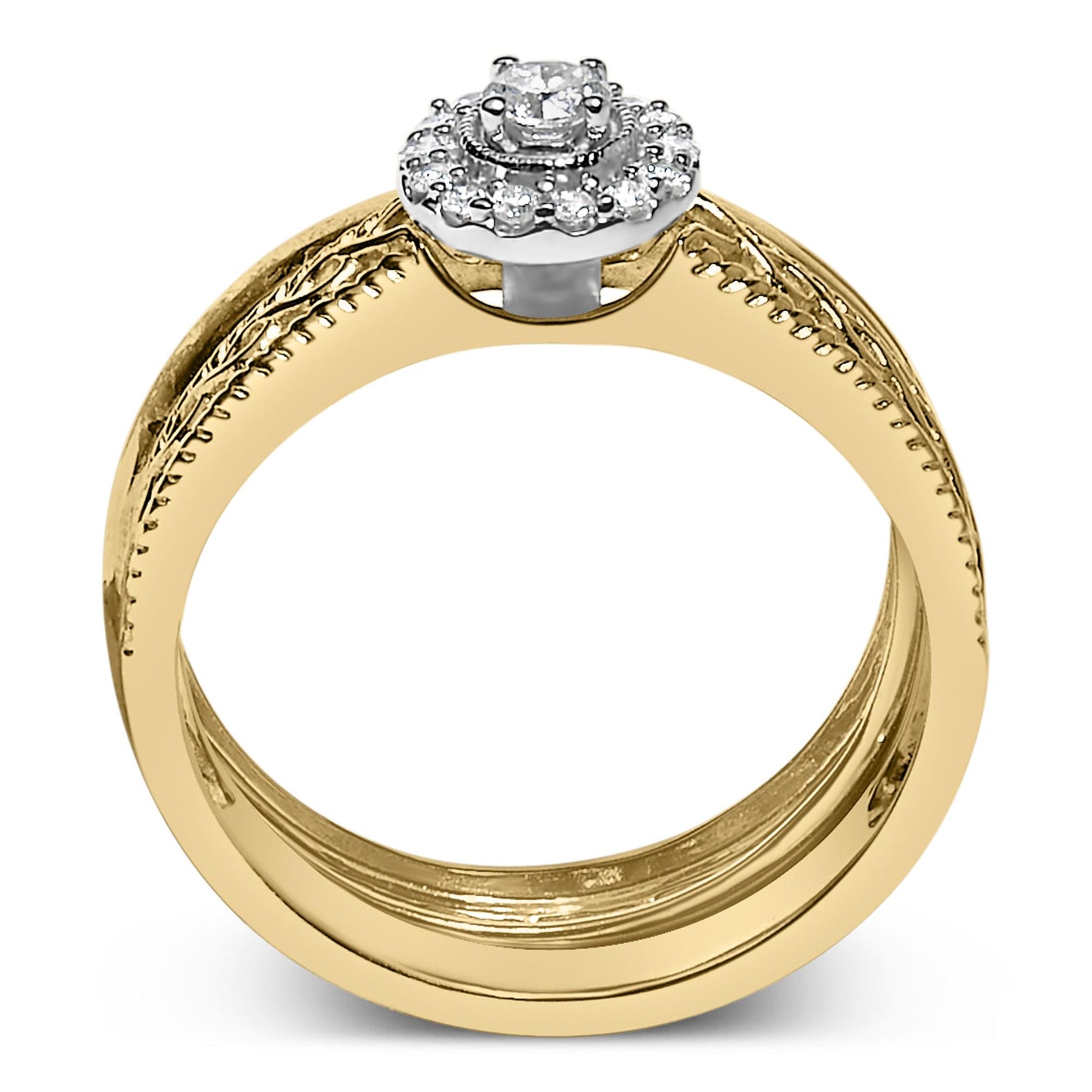 Close-up front view of a yellow metal ring with a round white gemstone in a prong setting at the center, surrounded by smaller round white gemstones in prong settings, featuring engraved details on the band.