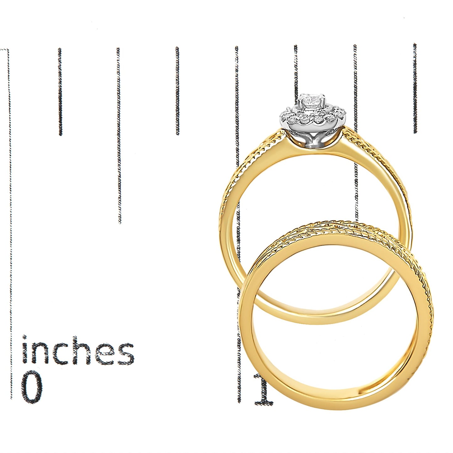 Two yellow rings with textured edges, one featuring a raised cluster of white round gemstones in prong settings, displayed on a ruler for size reference, top-down angle.