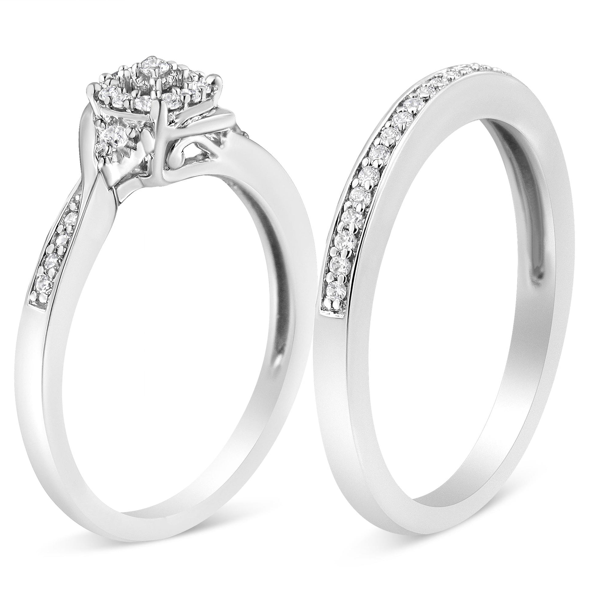 Two white rings photographed from the front and side angles, each adorned with multiple small white gemstones in prong settings.