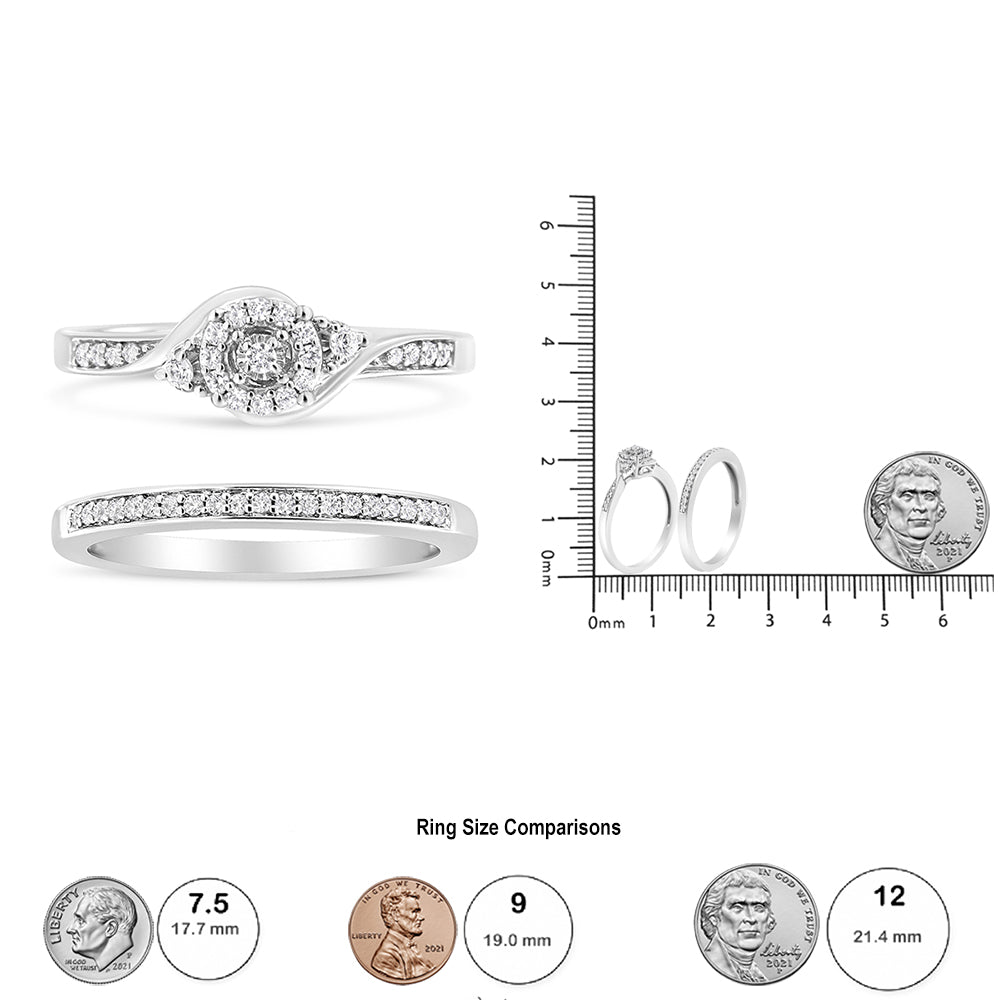 Top view of two white rings, one with a cluster of round white gemstones in prong settings and the other with a row of small round white gemstones in prong settings. Side view of the rings next to a ruler and coins for size reference.