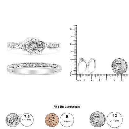 Top view of two white rings, one with a cluster of round white gemstones in prong settings and the other with a row of small round white gemstones in prong settings. Side view of the rings next to a ruler and coins for size reference.