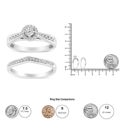 Front view of two white metal rings, one with a central round white gemstone surrounded by smaller white gemstones, and the other with a chevron shape set with small white gemstones; additional side view and size comparison with rulers and coins.