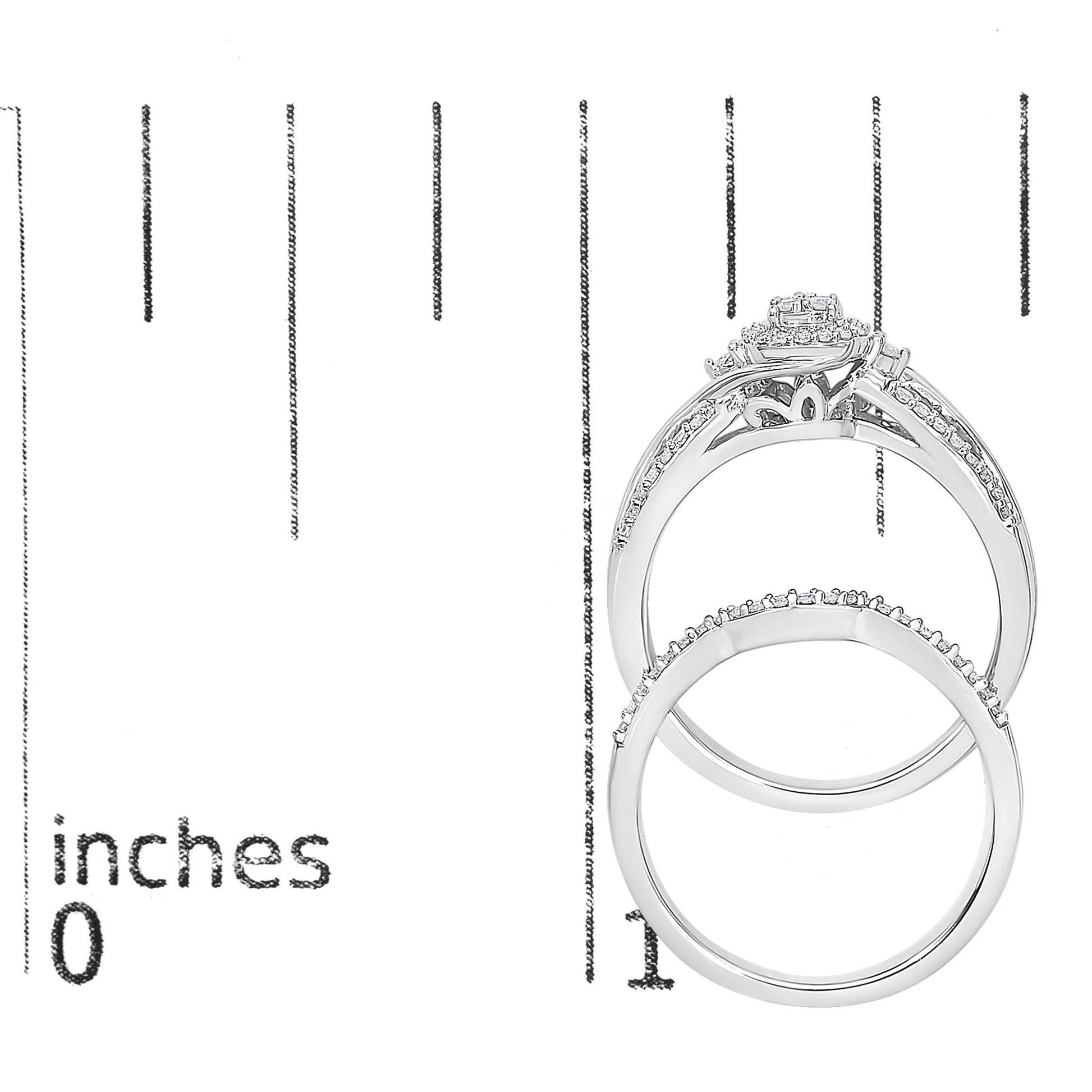 Top and side view of two white metal rings with multiple round white gemstones in prong settings, placed on a ruler for size reference.