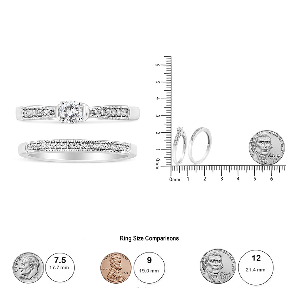 Top view of two white metal rings with multiple small white gemstones; one ring features a larger central white gemstone in a four-prong setting; side view of the rings displayed on a ruler with a coin for size reference.