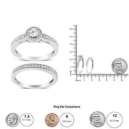 Two white metal rings with round white gemstones; the first ring features a central gemstone in a raised setting surrounded by smaller gemstones and a band with additional gemstones, shown from a front angle; the second ring has a band adorned with a single row of gemstones, shown from a top angle; also shown from a side angle on a ruler for size reference.