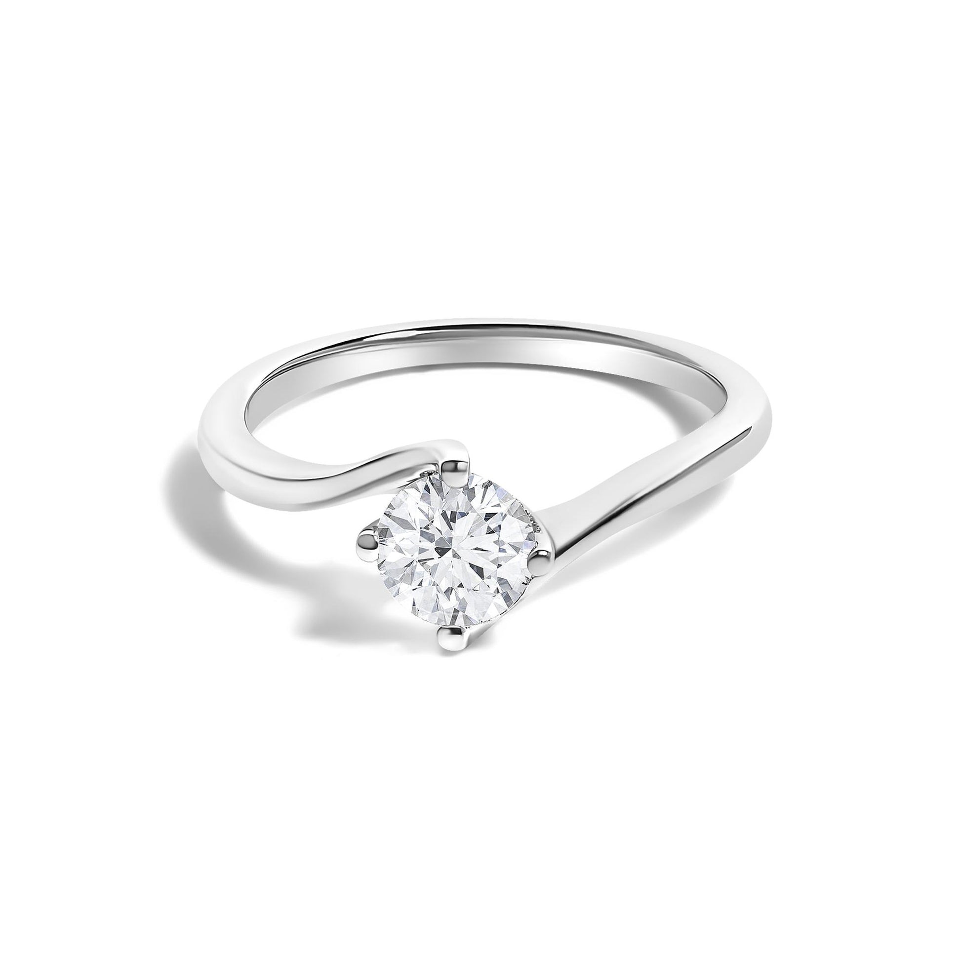 White metal ring with a single round white gemstone in a 4-prong setting, shown from a front angle on a white background.