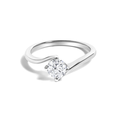 White metal ring with a single round white gemstone in a 4-prong setting, shown from a front angle on a white background.