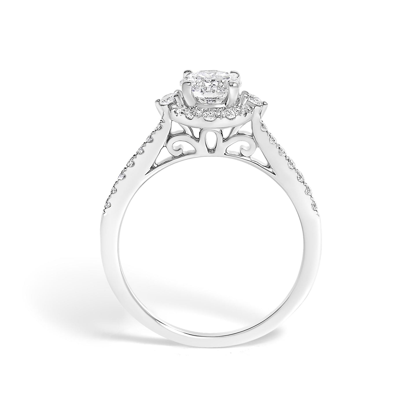 White metal ring shown from the side angle, featuring a prominent round gemstone in a four-prong setting and multiple smaller round gemstones in micro-pave settings along the band and decorative detailing underneath the center stone.