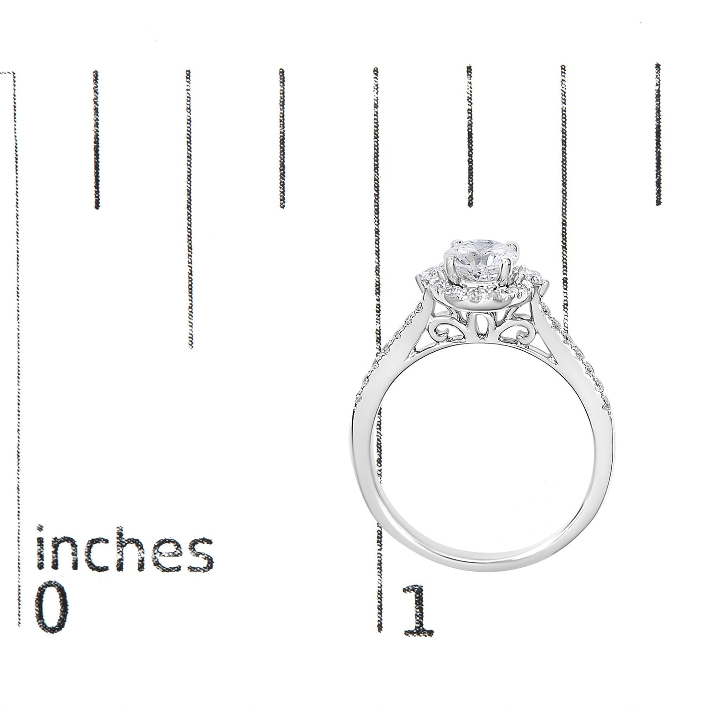 White metal ring with a round center gemstone in a four-prong setting, surrounded by smaller white gemstones in micro-pave settings along the band, shown from the side on a ruler for size reference.
