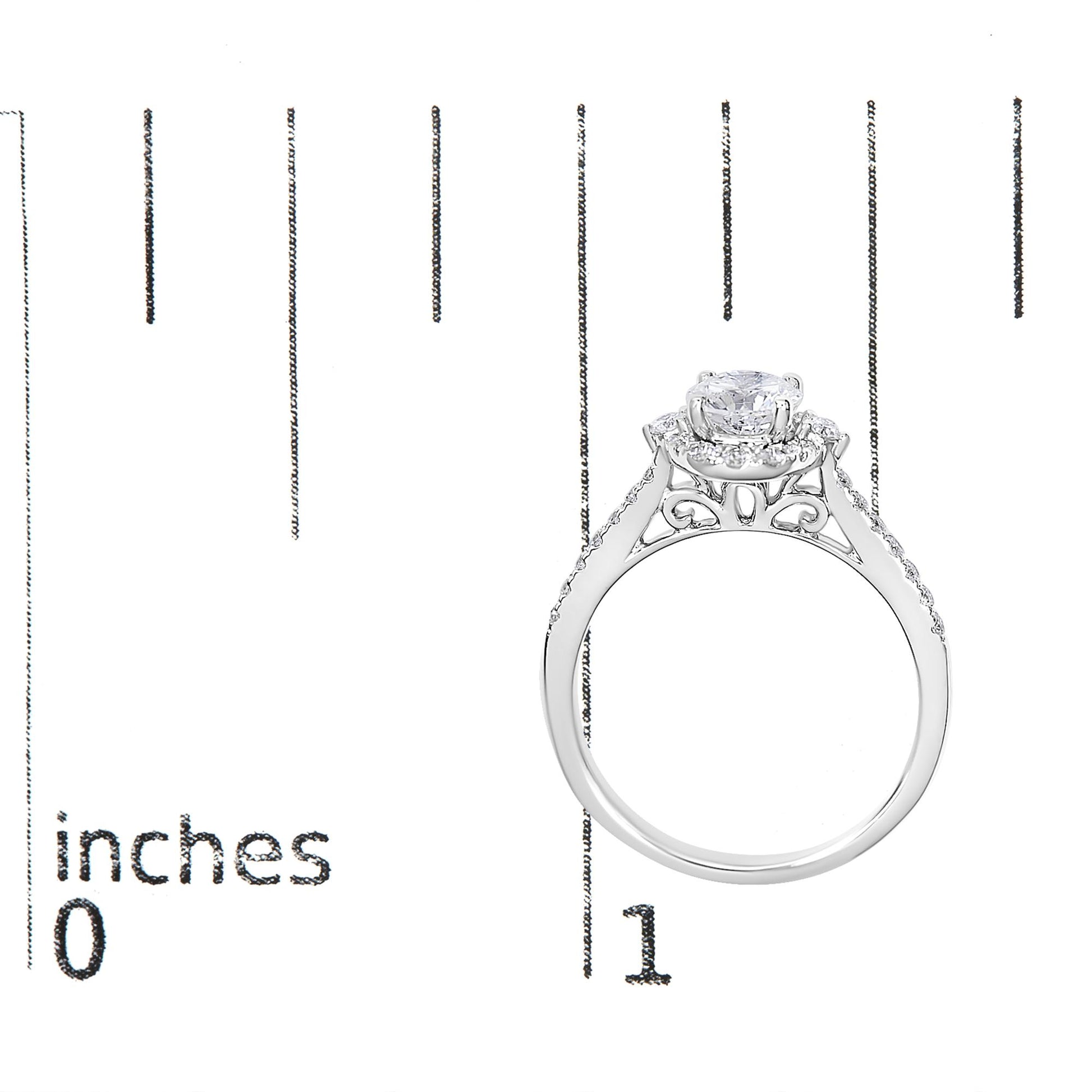 White metal ring with a round center gemstone in a four-prong setting, surrounded by smaller white gemstones in micro-pave settings along the band, shown from the side on a ruler for size reference.